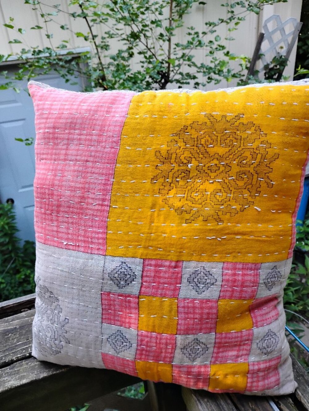 Kantha Comfort Pillow Peach Marigold 14" x 15" Handmade Soft New KP15.